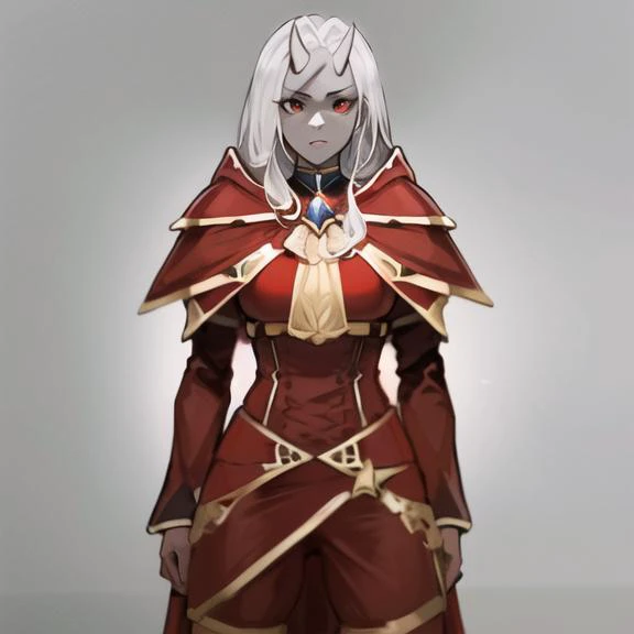 masterpiece,best quality, masterpiece, high detail,detailed face,detailed eyes,rendered eyes,perfect eyes,hip lines,ambient occlusion,crisp image,detailed,amazing,8k,8k wallpaper,8k background,high detailed skin,high res,
(((cowboy shot))), solo, 1girl, <lora:CalamitasV1:1>,Calamitas,white horn,two horns,CLOCALA red cloak golden lining,long hair,red eyes