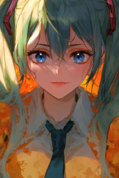 (looking at viewer:1.2), (hatsune miku:1.15), blue eyes, collared shirt, necktie, arms under breasts, hair between eyes, 
a drawing of a beautiful woman with blue hair with a ribbon on her head, 1girl, solo, twintails, light smile, 
(intricate details:1.3), ultra-detailed, highres, full lips, ((perfect face, proportionate face, clear face, clear eyes)), hiresfix, detailed face, (lineart:1.2), outline, comic,