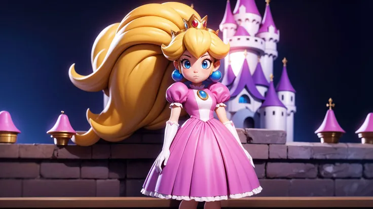 ((masterpiece)),(best quality:1.7),(detailed:1.4),(high res:1.4),8k,(colorful:1.5),2d,high resolution,sharped image,4k,hd,princess_peach,pink dress,v arms,white gloves,earrings,long hair,1girl,jewelry,solo,blue eyes,elbow gloves,gloves,blush,puffy short sleeves,crown,dress,short sleeves,puffy sleeves,blonde hair,(full body),(castle),sky,night,<lora:Princess_peach_v1_09epo:0.6>,(<lora:3DMM_V11:0.4> 3DMM),