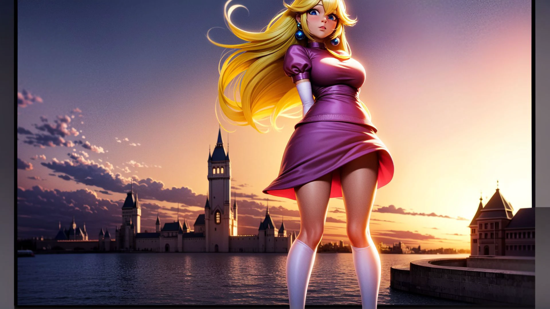 ((masterpiece)), (best quality:1.7), (detailed:1.4), (high res:1.4), 8k, (colorful:1.5), 2d, high resolution, sharped image, 4k, hd, princess_peach, pink dress, v arms, white gloves, earrings, long hair, 1girl, jewelry, solo, blue eyes, elbow gloves, gloves, blush, puffy short sleeves, crown, dress, short sleeves, puffy sleeves, blonde hair, (full body), (castle), sky, night, <lora:princess_peach:0.6>,