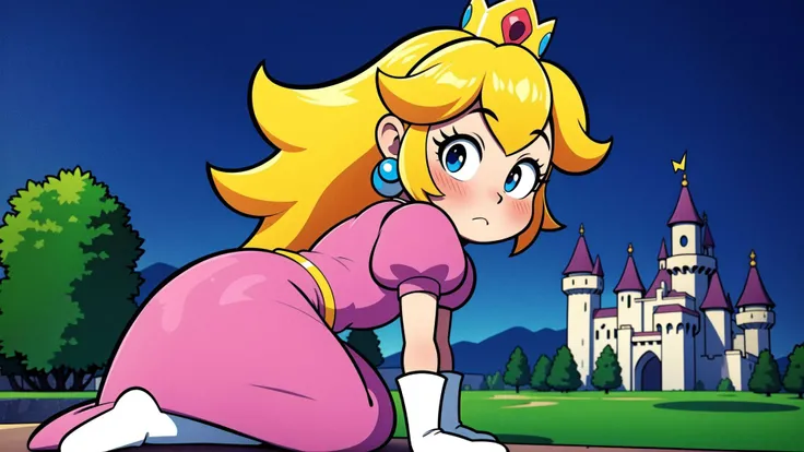 ((masterpiece)),(best quality:1.7),(detailed:1.4),(high res:1.4),8k,(colorful:1.5),2d,high resolution,sharped image,4k,hd,princess_peach,pink dress,v arms,white gloves,earrings,long hair,1girl,jewelry,solo,blue eyes,elbow gloves,gloves,blush,puffy short sleeves,crown,dress,short sleeves,puffy sleeves,blonde hair,(full body),(castle),sky,night,<lora:Princess_peach_v1_09epo:0.6>,(<lora:3DMM_V11:0.4> 3DMM),