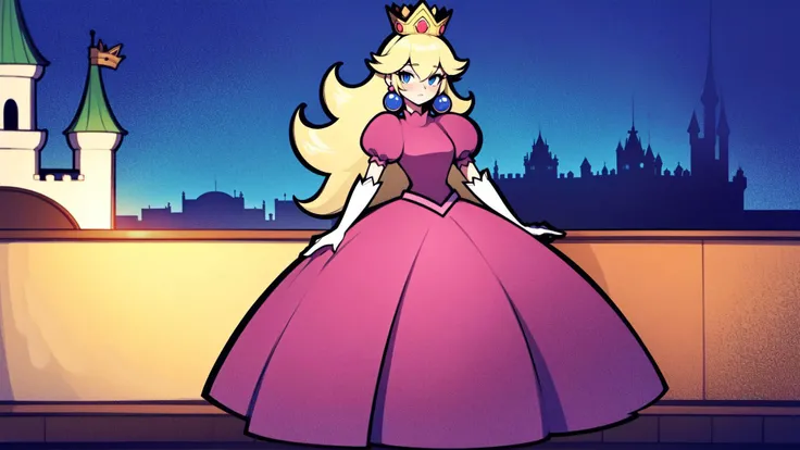 ((masterpiece)), (best quality:1.7), (detailed:1.4), (high res:1.4), 8k, (colorful:1.5), 2d, high resolution, sharped image, 4k, hd, princess_peach, pink dress, v arms, white gloves, earrings, long hair, 1girl, jewelry, solo, blue eyes, elbow gloves, gloves, blush, puffy short sleeves, crown, dress, short sleeves, puffy sleeves, blonde hair, (full body), (castle), sky, night, <lora:princess_peach:0.6>, <lora:thickerLinesanimeStyle:0.6>
