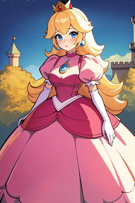 ((masterpiece)), (best quality:1.7), (detailed:1.4), (high res:1.4), 8k, (colorful:1.5), 2d, high resolution, sharped image, 4k, hd, princess_peach, pink dress, v arms, white gloves, earrings, long hair, 1girl, jewelry, solo, blue eyes, elbow gloves, gloves, blush, puffy short sleeves, crown, dress, short sleeves, puffy sleeves, blonde hair, (full body), (castle), sky, night, <lora:princess_peach:0.6>, <lora:thickerLinesanimeStyle:0.6>
