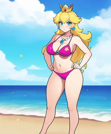 ((masterpiece)), (best quality:1.7), (detailed:1.4), (high res:1.4), 8k, (colorful:1.5), 2d, high resolution, sharped image, 4k, hd, princess_peach, 1girl, solo, earrings, long hair, ((bikin))i, jewelry, navel, sunglasses, blue eyes, cleavage, hands on hips, necklace, medium breasts, flower, flower necklace, pink bikini, blonde hair, (((full body))), (beach), curvy body, ((long legs)), big hips, ass, ((string bikini)), ((crown)), <lora:princess_peach:0.6>, <lora:thickerLinesanimeStyle:0.6>