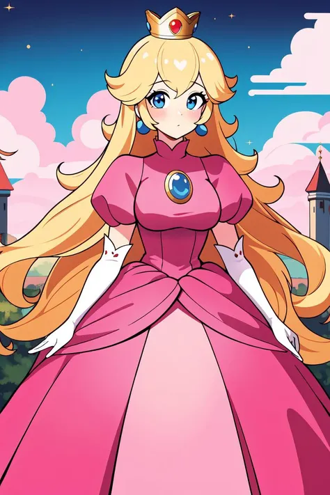 ((masterpiece)), (best quality:1.7), (detailed:1.4), (high res:1.4), 8k, (colorful:1.5), 2d, high resolution, sharped image, 4k, hd, princess_peach, pink dress, v arms, white gloves, earrings, long hair, 1girl, jewelry, solo, blue eyes, elbow gloves, gloves, blush, puffy short sleeves, crown, dress, short sleeves, puffy sleeves, blonde hair, (full body), (castle), sky, night, <lora:princess_peach:0.6>, <lora:thickerLinesanimeStyle:0.6>