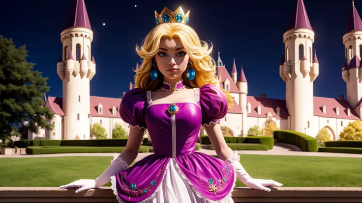 ((masterpiece)),(best quality:1.7),(detailed:1.4),(high res:1.4),8k,(colorful:1.5),2d,high resolution,sharped image,4k,hd,princess_peach,pink dress,v arms,white gloves,earrings,long hair,1girl,jewelry,solo,blue eyes,elbow gloves,gloves,blush,puffy short sleeves,crown,dress,short sleeves,puffy sleeves,blonde hair,(full body),(castle),sky,night,<lora:princess_peach:0.6>,<lora:stylized_3dcg_v4-epoch-000012:0.5>,