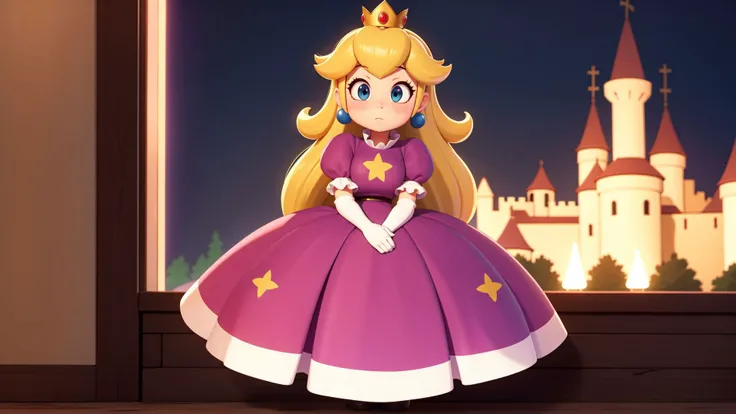 ((masterpiece)), (best quality:1.7), (detailed:1.4), (high res:1.4), 8k, (colorful:1.5), 2d, high resolution, sharped image, 4k, hd, princess_peach, pink dress, v arms, white gloves, earrings, long hair, 1girl, jewelry, solo, blue eyes, elbow gloves, gloves, blush, puffy short sleeves, crown, dress, short sleeves, puffy sleeves, blonde hair, (full body), (castle), sky, night, <lora:princess_peach:0.6>,