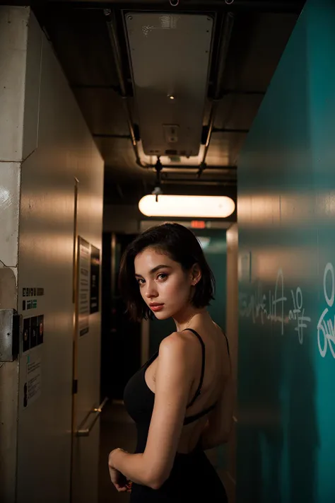 A photo of a woman in a public bathroom captures the allure of a tall, skinny figure with short hair, wearing a sexy black dress with an open back, standing in front of graffiti-covered walls; the dimly lit space accentuates the wet hair glistening under a neon sign, while her red lips add a touch of intrigue, <lora:analogdiffusion_Lora300:0.7> analog style Portra 800 film