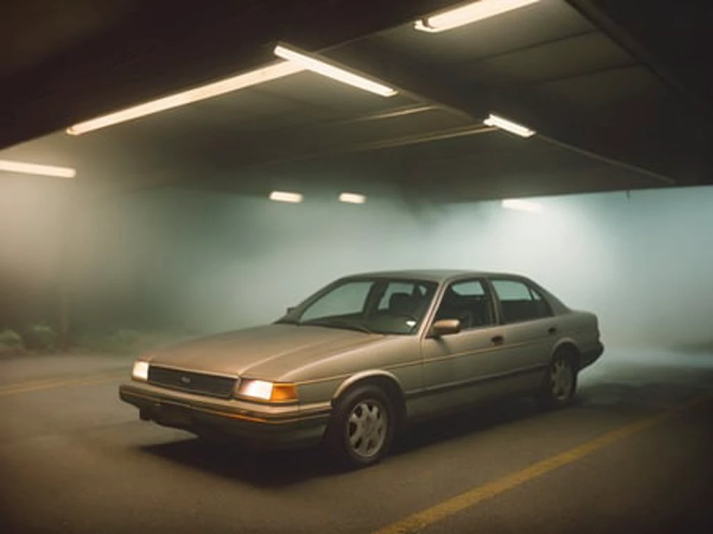 car parked in a dimly lit garage with fog, high quality photograph, bokeh, analog, depth of field, portra 800 film, <lora:analogdiffusion_Lora300:1>