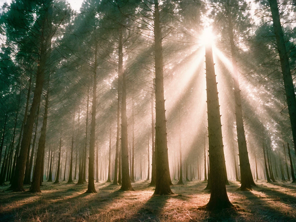 pine forest with light beams shining down, high quality photograph, bokeh, analog, depth of field, portra 800 film, <lora:analogdiffusion_Lora300:1>
