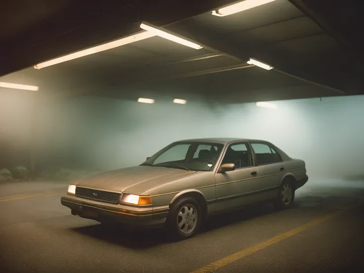 car parked in a dimly lit garage with fog, high quality photograph, bokeh, analog, depth of field, portra 800 film, <lora:analogdiffusion_Lora300:1>