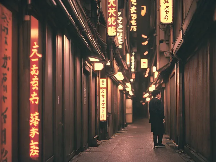 dark tokyo alleyway, high quality photograph, bokeh, analog, depth of field, portra 800 film, <lora:analogdiffusion_Lora300:1>