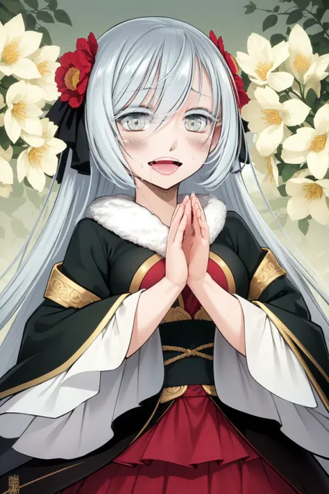 solo, 1girl, looking down, :D upper teeth disgusted eyes, medium breasts, light blue hair, hair intakes, white eyes, beautiful detailed face, bronze Clothes, wide sleeves, night, Veronica \(flower\), floral background <lora:Antaria_style_v02.125:1>