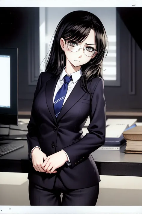 office, 1girl, suit, glasses, medium breasts, frown, cinematic lighting, <lora:Antaria_style_v02.125:1>