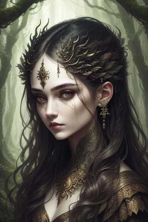 1girl in a mythical forest, masterpiece, perfect face, intricate details, horror theme,
