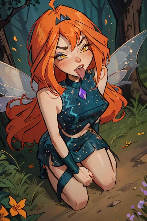 Dark Bloom, orange hair, yellow eyes,fairy wings, sparkling outfit, black shirt, skirt, gloves, looking at viewer, serious, mouth open, tongue out, blush, kneeling, from_above, outside, forest, night time, high quality, masterpiece,  <lora:WinxClubDarkBloom:.8> <lora:Tongues_V62:.8>