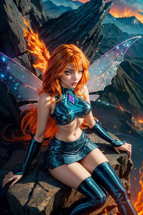 (ultra realistic,32k, masterpiece:1.2),(high detailed skin:1.1),( high quality:1.1),
<lora:WinxClubDarkBloom:0.8>Dark Bloom,bored, orange hair, yellow eyes, boots, black skirt, gloves, black shirt, wings, sparkling clothing, thighhighs, phoenix peak, fiery skies, soaring birds, mythical volcano, blurry background,, (huge breast,large breast:1.1),(looking at viewer, sitting, crossed legs, from above:1.1),<lora:add_detail:0.97>,
(bioluminiscent:1.1),