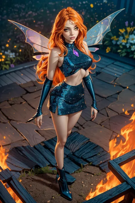 (ultra realistic,32k, masterpiece:1.2),(high detailed skin:1.1),( high quality:1.1),
<lora:WinxClubDarkBloom:0.8>Dark Bloom,nosebleed, orange hair, yellow eyes, boots, black skirt, gloves, black shirt, wings, sparkling clothing, thighhighs, flower field, flowers,sunshine, pollen, pollen particles, blurry background,, (huge breast,large breast:1.1),fighting stance pose<lora:add_detail:0.88>,
(ambient lighting:1.1),
