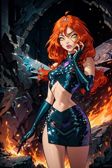 (Dark Bloom), orange hair, yellow eyes, (boots, black skirt, gloves, black shirt), wings, sparkling clothing, (mountains, orange fire, dark background, rocks. lava), (realistic:1.2), (masterpiece:1.2), (full-body-shot:1),(Cowboy-shot:1.2), dark romantic lighting, (highly detailed:1.2),(detailed face:1.2), (gradients), colorful, detailed eyes, (natural lighting:1.2), solo <lora:add_detail:0.3> <lora:BeautifulEyes:0.6> <lora:WinxClubDarkBloom-10:0.8>