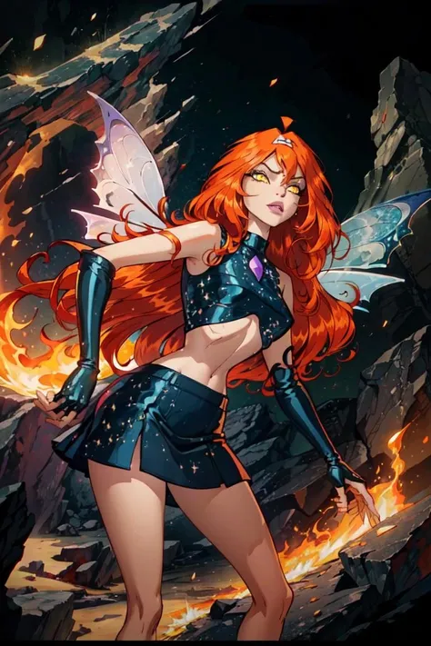 (Dark Bloom), orange hair, yellow eyes, (boots, black skirt, gloves, black shirt), wings, sparkling clothing, (mountains, orange fire, dark background, rocks. lava), (realistic:1.2), (masterpiece:1.2), (full-body-shot:1),(Cowboy-shot:1.2), dark romantic lighting, (highly detailed:1.2),(detailed face:1.2), (gradients), colorful, detailed eyes, (natural lighting:1.2), solo <lora:add_detail:0.3> <lora:BeautifulEyes:0.6> <lora:WinxClubDarkBloom-10:0.8>