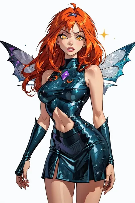 (Dark Bloom), orange hair, yellow eyes, (boots, black skirt, gloves, black shirt), wings, sparkling clothing, (solid white background, white background:1.5), (realistic:1.2), (masterpiece:1.2), (full-body-shot:1),(Cowboy-shot:1.2), dark romantic lighting, (highly detailed:1.2),(detailed face:1.2), (gradients), colorful, detailed eyes, (natural lighting:1.2), solo <lora:add_detail:0.3> <lora:BeautifulEyes:0.6> <lora:WinxClubDarkBloom-10:0.7>