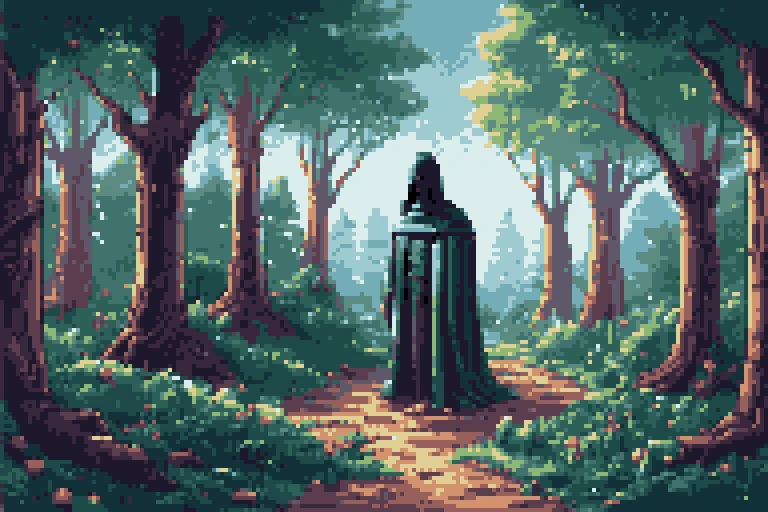 <lora:PixelStyle:1> pixel style, (man, cloaked figure:1.2), in the woods