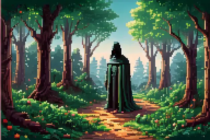 <lora:PixelStyle:1> pixel style, (man, cloaked figure:1.2), in the woods