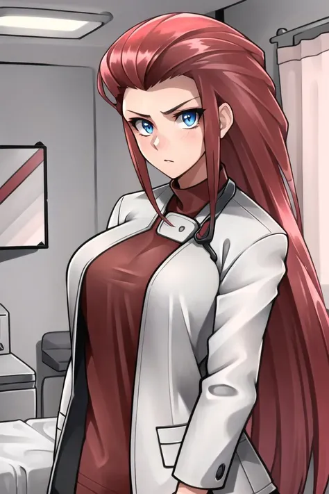 ((best quality)), ((highly detailed)), masterpiece, (detailed eyes, deep eyes), (1girl), upper body, <lora:jessiePokemon_v1:.6>, jessie\(pokemon\), very long hair, red hair, hair slicked back, (blue eyes), large breasts, >:), (inside, in a hospitalroom), <lora:Roadi3:1>