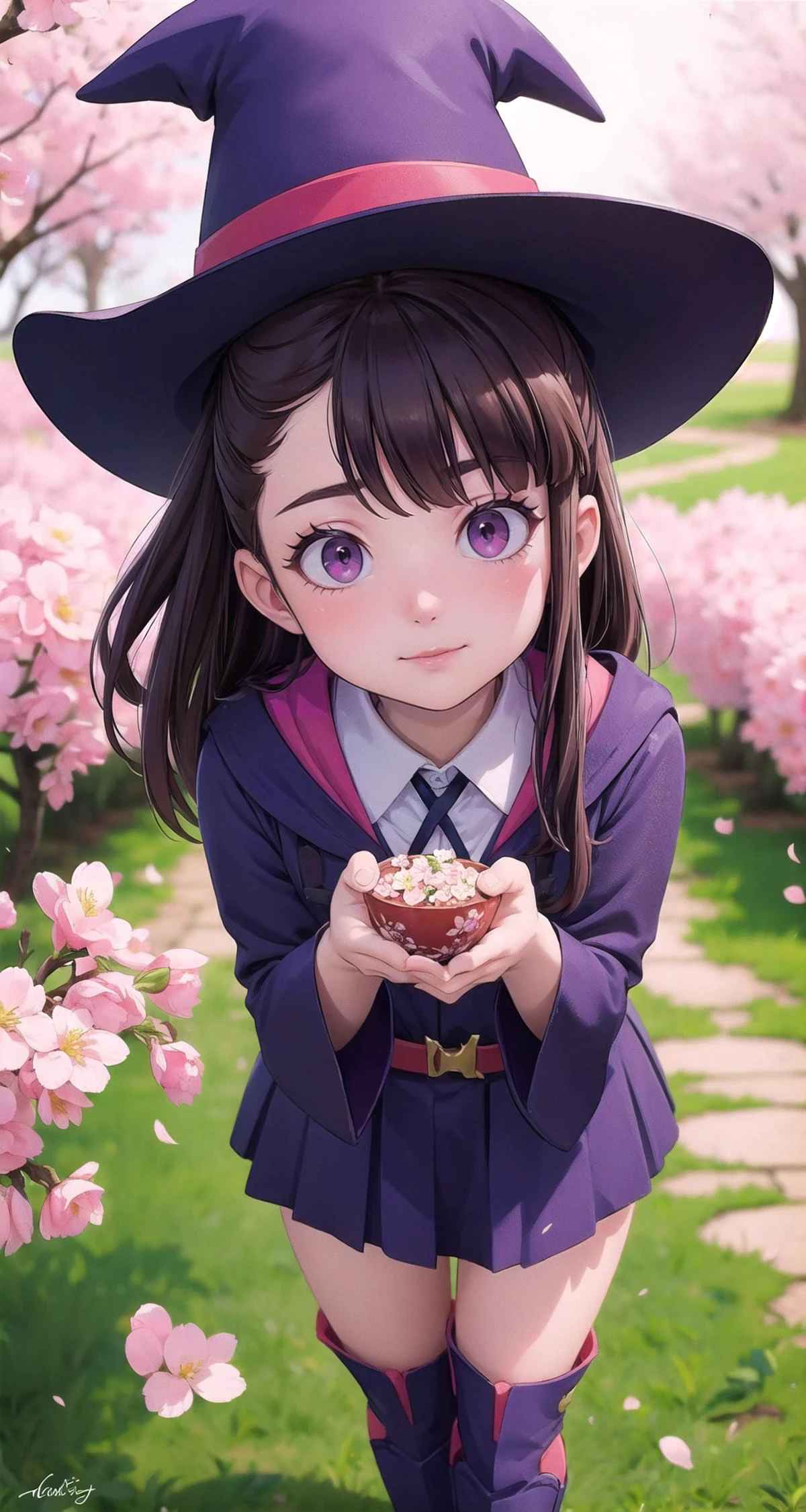 ((masterpiece,intricate details)),1girl,mature female
BREAK
<lora:kagari_atsuko:0.8>, kagari_atsuko, long hair, dress, luna nova school uniform, long sleeves, hat, witch hat, witch, boots, shirt, knee boots, skirt
BREAK
radiant pink and purple blossoms of Washington, DC's Cherry Blossom Festival, transforming the city into a floral wonderland,((cowboy shot)),from above:1.1,depth of field,looking at viewer,