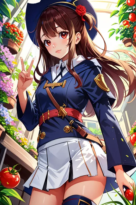 (masterpiece, best quality),  intricate details,
1girl,   <lora:kagari_atsuko-10:0.8> kagari_atsuko, long hair, dress, luna nova school uniform, long sleeves, hat, witch hat, witch, boots, shirt, knee boots, skirt
v,  standing, 
indoors, garden, plants, flowers, tomatoes,