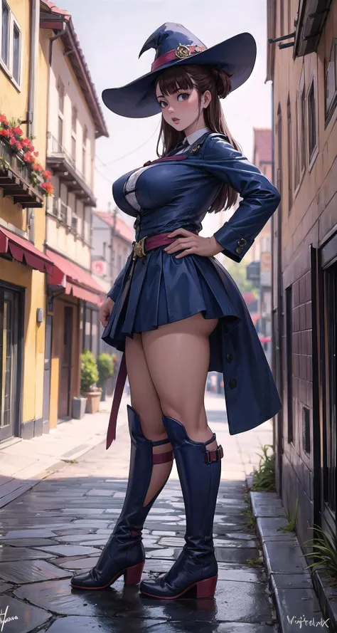 ((masterpiece,intricate details)),1girl,mature female,:o,huge breasts,thick thighs, wide hip
BREAK
<lora:kagari_atsuko:0.8>, kagari_atsuko, long hair, dress, luna nova school uniform, long sleeves, hat, witch hat, witch, boots, shirt, knee boots, skirt
BREAK
A historic city quarter exudes old-world charm, with narrow cobblestone streets, colorful facades, and ornate balconies that tell stories of a rich cultural heritage.,((full body)),from below:1.1,depth of field,looking at viewer,<lora:more_details:0.25>