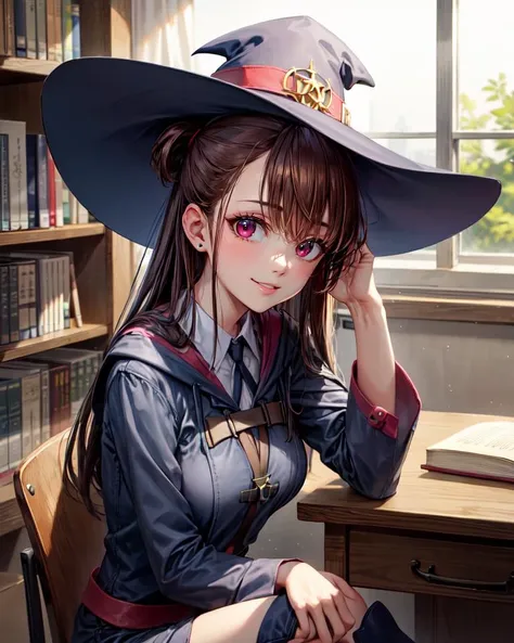 ((best quality)), ((highly detailed)), masterpiece, absurdres, extremely detailed face, beautiful face, (detailed eyes, deep eyes), <lora:more_details:.6>, (1girl), upper body, <lora:kagari_atsuko:1>, kagari_atsuko, brown hair, long hair, red eyes, medium breasts, smiling, witch hat, luna nova school uniform, navy blue dress, shirt, long sleeves, skirt, red belt, (knee boots), (indoors, in an office, desk)