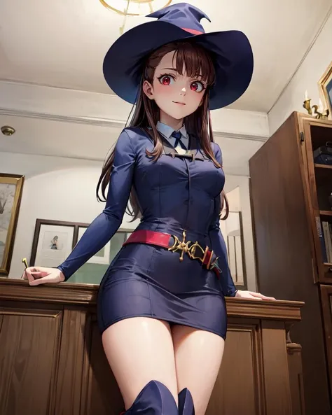((best quality)), ((highly detailed)), masterpiece, absurdres, detailed face, beautiful face, (detailed eyes, deep eyes), <lora:more_details:.3>, (1girl), <lora:fromBelowPOV_v1:1>, from_below, foreshortening, looking at viewer, looking down, full body, ((wide shot)), <lora:kagari_atsuko:1>, kagari_atsuko, brown hair, long hair, red eyes, medium breasts, smiling, witch hat, luna nova school uniform, navy blue dress, shirt, long sleeves, skirt, red belt, (knee boots), (indoors, in a gym)