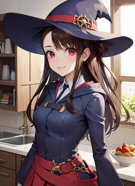 ((best quality)), ((highly detailed)), masterpiece, absurdres, extremely detailed face, beautiful face, (detailed eyes, deep eyes), (1girl), dynamic pose, upper body, <lora:kagari_atsuko:1>, kagari_atsuko, brown hair, long hair, red eyes, smiling, witch hat, luna nova school uniform, dress, shirt, long sleeves, skirt, red belt, (knee boots), (inside, in a kitchen)