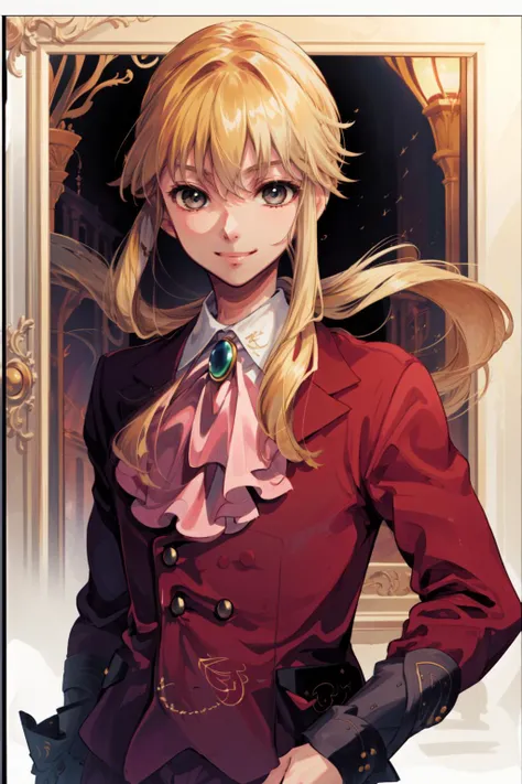 masterpiece,best quality,solo,ushiromiya lion,androgynous,ponytail,blonde hair,grey eyes,formal,suit,ascot,smile,<lora:umineko_ushiromiyalion:1>,