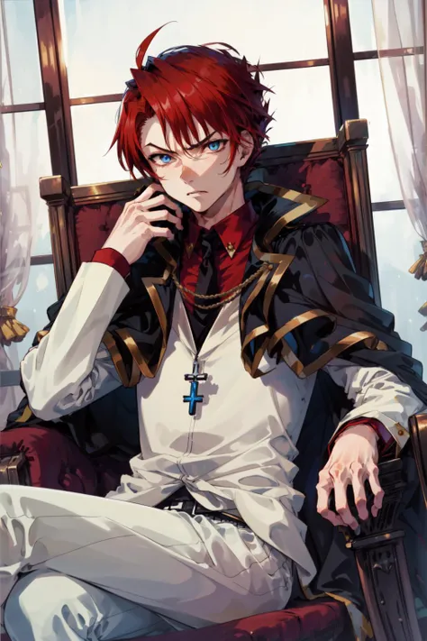 masterpiece,best quality,1boy,mature male,ushiromiya battler,formal,white suit,cape,red hair,blue eyes,serious,sitting on throne,(thinking),<lora:umineko_ushiromiya:1>,
