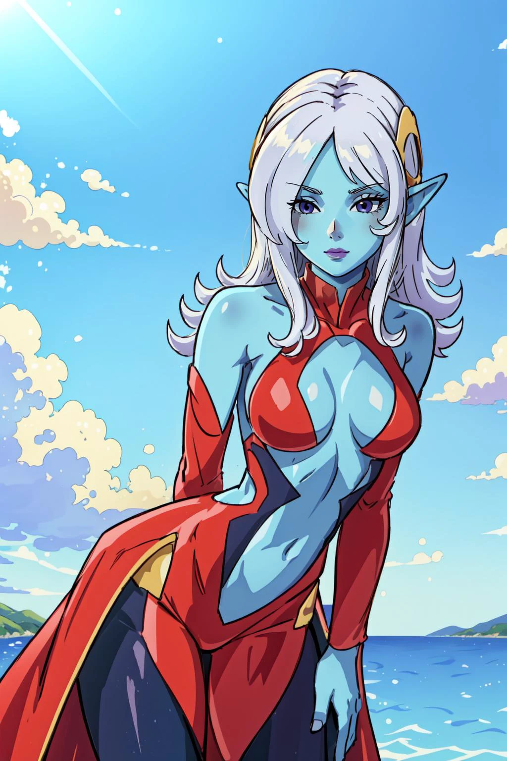 (masterpiece, best quality), intricate details,
(1girl), solo, <lora:dbo_towa:0.8> dbtowa, colored skin, blue skin, hair over one eye,
blue skin, <lyco:coloredSkinCONCEPT_v219:0.8>
<lora:outfit-inori-pynoise:0.8> outfit-inori, arms behind back, leaning forward, cowboy shot,