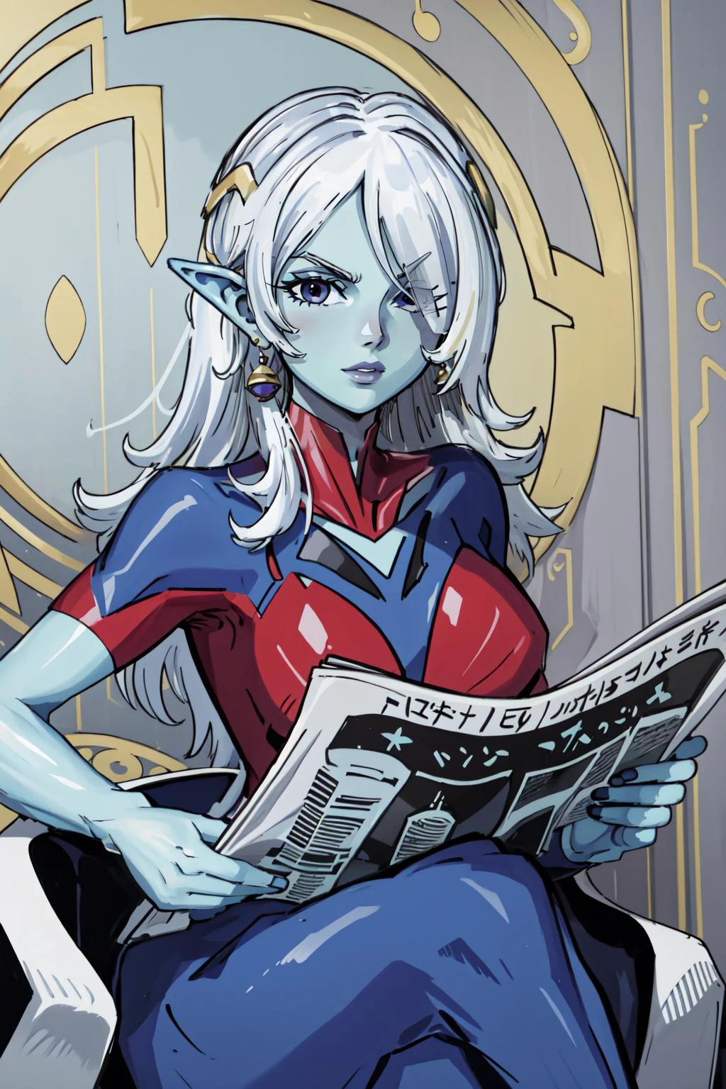 (masterpiece, best quality), intricate details,
(1girl), solo, <lora:dbo_towa:0.8> dbtowa, colored skin, blue skin, hair over one eye, bodysuit, jewelry, earrings,
<lora:TomReadingTheNewspaper:0.8> TomReadingTheNewspaper,