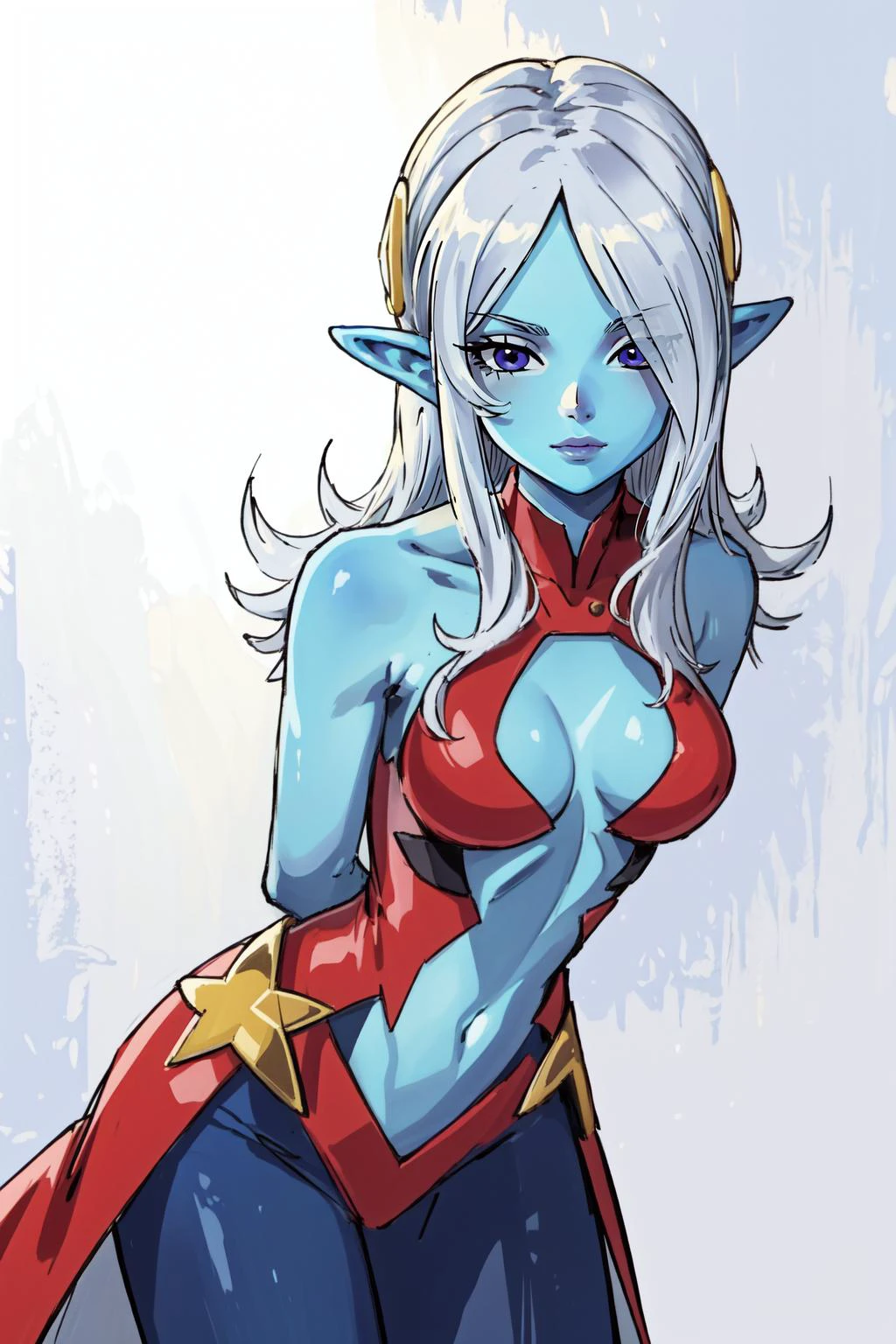 (masterpiece, best quality), intricate details,
(1girl), solo, <lora:dbo_towa:0.8> dbtowa, colored skin, blue skin, hair over one eye,
blue skin, <lyco:coloredSkinCONCEPT_v219:0.8>
<lora:outfit-inori-pynoise:0.8> outfit-inori, arms behind back, leaning forward, cowboy shot,