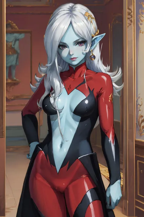 (masterpiece, best quality:1.2), <lyco:dbo_towa-10:0.9>, cowboy shot, solo, 1girl, dbtowa, colored skin, blue skin, smug, looking at viewer, hand on hip, hair over one eye, bodysuit, jewelry, earrings