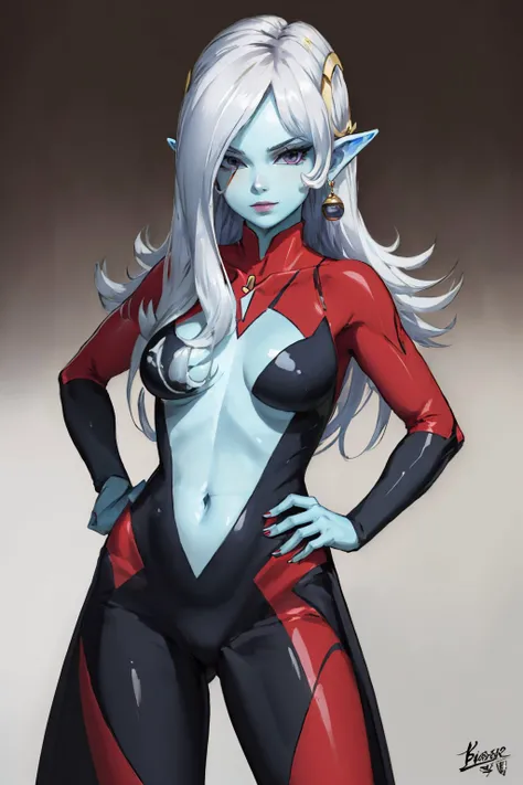 (masterpiece, best quality:1.2), <lyco:dbo_towa-10:0.9>, cowboy shot, solo, 1girl, dbtowa, colored skin, blue skin, smug, looking at viewer, hand on hip, hair over one eye, bodysuit, jewelry, earrings