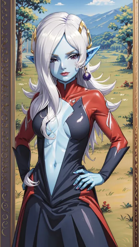 (masterpiece, best quality:1.2),<lora:dbo_towa-10:0.9>,cowboy shot,solo,1girl,dbtowa,colored skin,blue skin,smug,looking at viewer,hand on hip,hair over one eye,bodysuit,jewelry,earrings,forest,