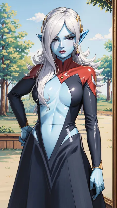 (masterpiece, best quality:1.2),<lora:dbo_towa-10:0.9>,cowboy shot,solo,1girl,dbtowa,colored skin,blue skin,smug,looking at viewer,hand on hip,hair over one eye,bodysuit,jewelry,earrings,forest,
