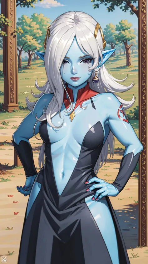 (masterpiece, best quality:1.2),<lora:dbo_towa-10:0.9>,cowboy shot,solo,1girl,dbtowa,colored skin,blue skin,smug,looking at viewer,hand on hip,hair over one eye,bodysuit,jewelry,earrings,forest,