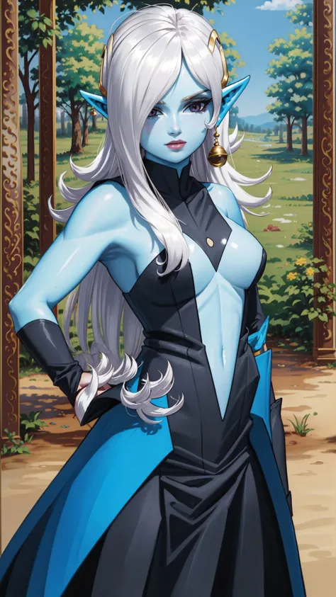 (masterpiece, best quality:1.2),<lora:dbo_towa-10:0.9>,cowboy shot,solo,1girl,dbtowa,colored skin,blue skin,smug,looking at viewer,hand on hip,hair over one eye,bodysuit,jewelry,earrings,forest,