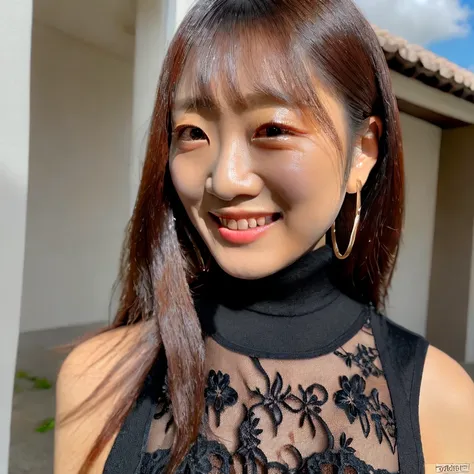 Japanese, close-up, portrait, masterpiece, best quality, (photorealistic:1.3), 1girl, solo, long hair, brown eyes, brown hair, smile, highly detailed intricate black lace turtleneck dress, necklace, hoop earrings, expansive sky, clouds
