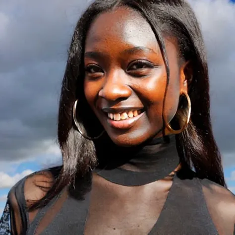 Ebony dark skin, close-up, portrait, masterpiece, best quality, (photorealistic:1.3), 1girl, solo, long hair, brown eyes, brown hair, smile, highly detailed intricate black lace turtleneck dress, necklace, hoop earrings, expansive sky, clouds