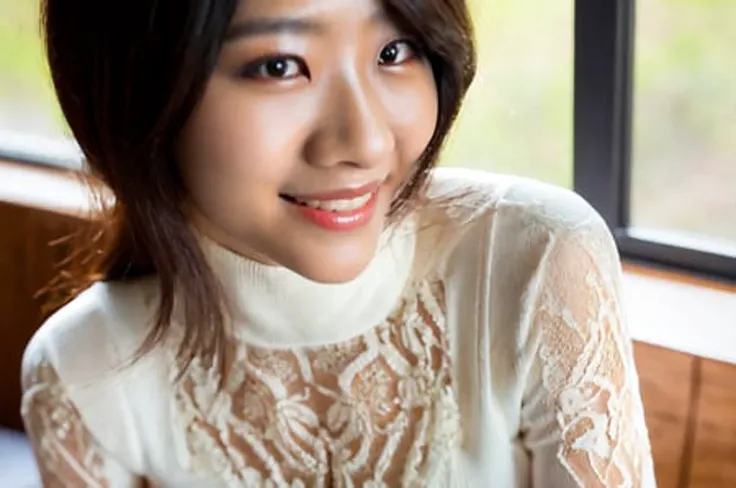 Chinese black hair, close-up, portrait, masterpiece, best quality, (photorealistic:1.3), 1girl, solo, long hair, brown eyes, smile, highly detailed intricate white lace turtleneck dress, necklace, indoors,
intricate, high detail, sharp focus, dramatic, beautiful girl , (8k uhd) caustics, subsurface scattering, reflections,cafe, window, warm light