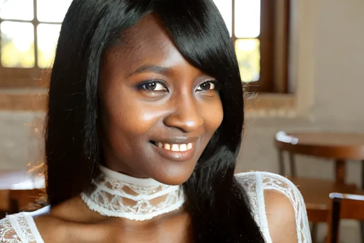 Ebony dark skin black hair, close-up, portrait, masterpiece, best quality, (photorealistic:1.3), 1girl, solo, long hair, brown eyes, smile, highly detailed intricate white lace turtleneck dress, necklace, indoors,
intricate, high detail, sharp focus, dramatic, beautiful girl , (8k uhd) caustics, subsurface scattering, reflections,cafe, window, warm light,