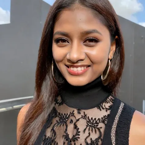 Desi, close-up, portrait, masterpiece, best quality, (photorealistic:1.3), 1girl, solo, long hair, brown eyes, brown hair, smile, highly detailed intricate black lace turtleneck dress, necklace, hoop earrings, expansive sky, clouds